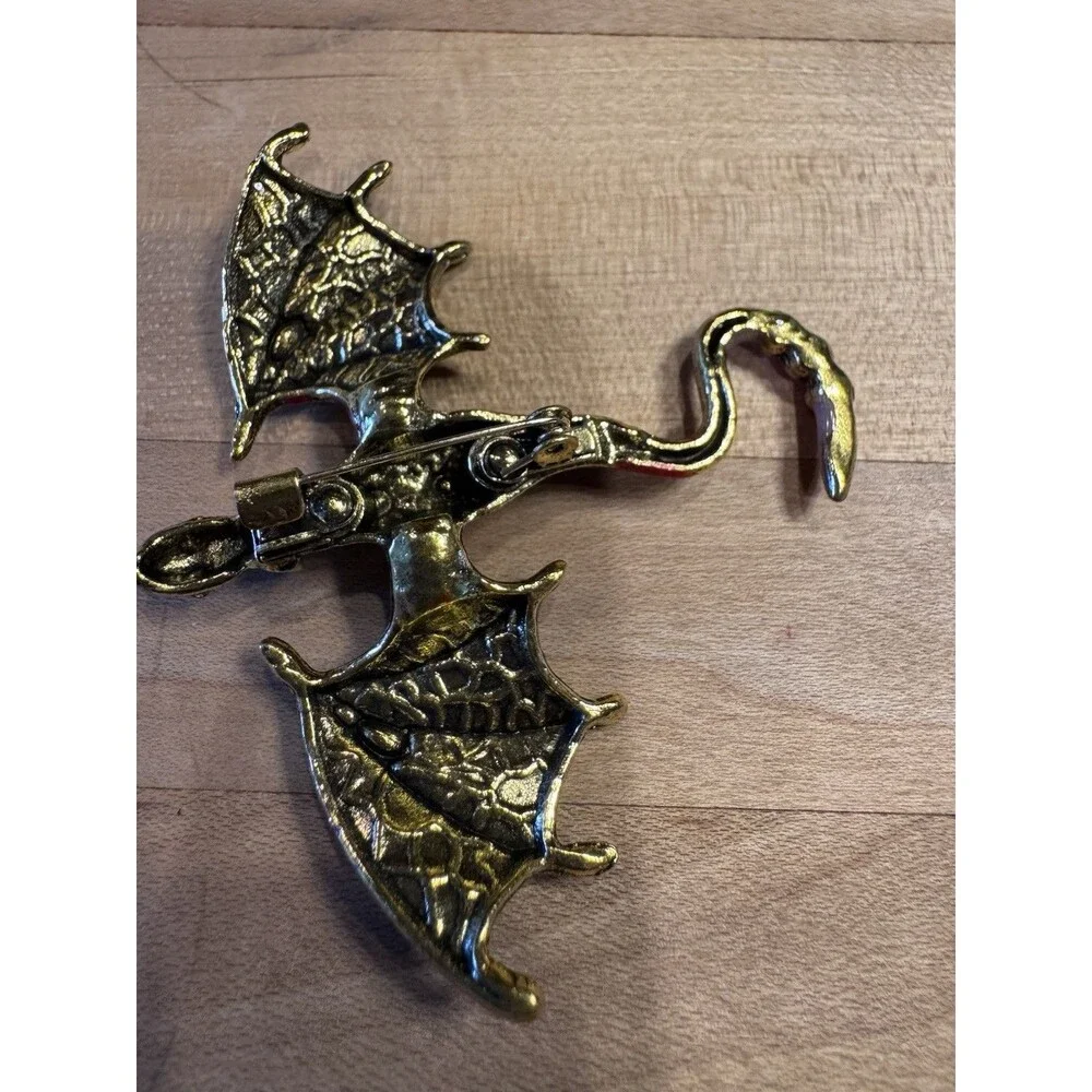 Gold Tone Flying Dragon Brooch Red Enamel Wings Rhinestone Fantasy Gothic Pin